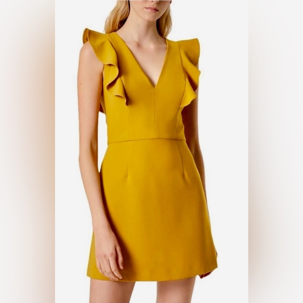 French Connection Sleeveless Whisper Dress in Mustard Yellow.